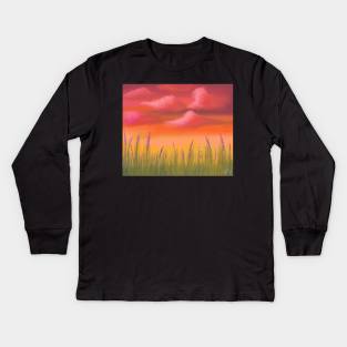 Pastel Sunset Landscape Lavender Grass Meadow Calming Scenery  Artwork Kids Long Sleeve T-Shirt